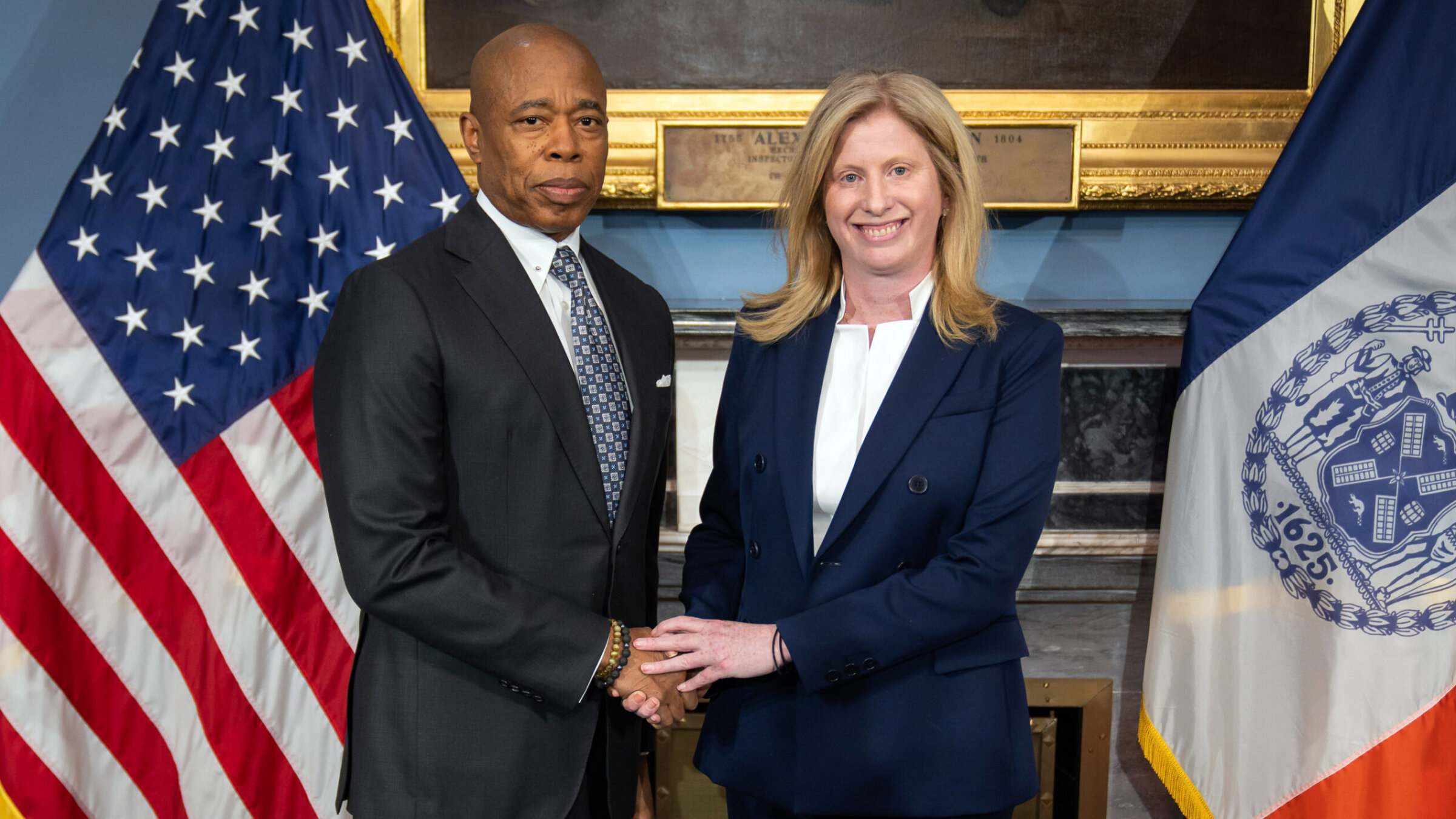 New York Mayor Eric Adams, left, and incoming NYPD commissioner Jessica Tisch, left, Nov. 20, 2024. (Ed Reed/Mayoral Photography Office)