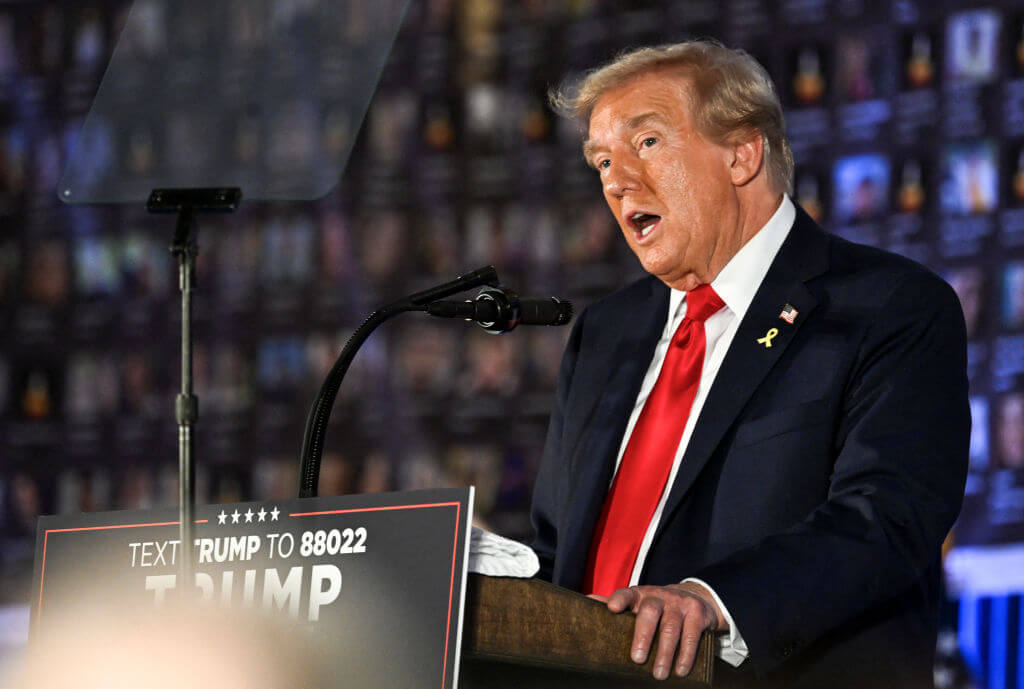 Donald Trump speaks at a Oct. 7 remembrance event on Oct. 7, 2024. 