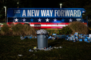 Chairs and trash sit in an empty field after the election night watch party for Democratic presidential nominee, Vice President Kamala Harris at Howard University on Tuesday.