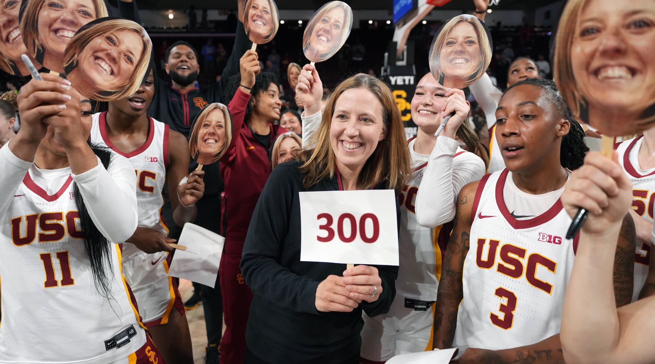 Lindsay Gottlieb celebrates her 300th head coaching victory after a 124-139 victory over the Cal State Northridge Matadors, Nov. 12, 2024, in Los Angeles. (Kirby Lee/Getty Images)