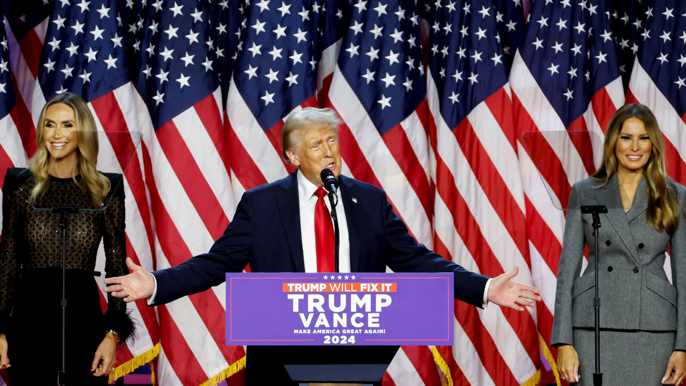 Former President Donald Trump and former first lady Melania Trump celebrate during an election night event in Florida.