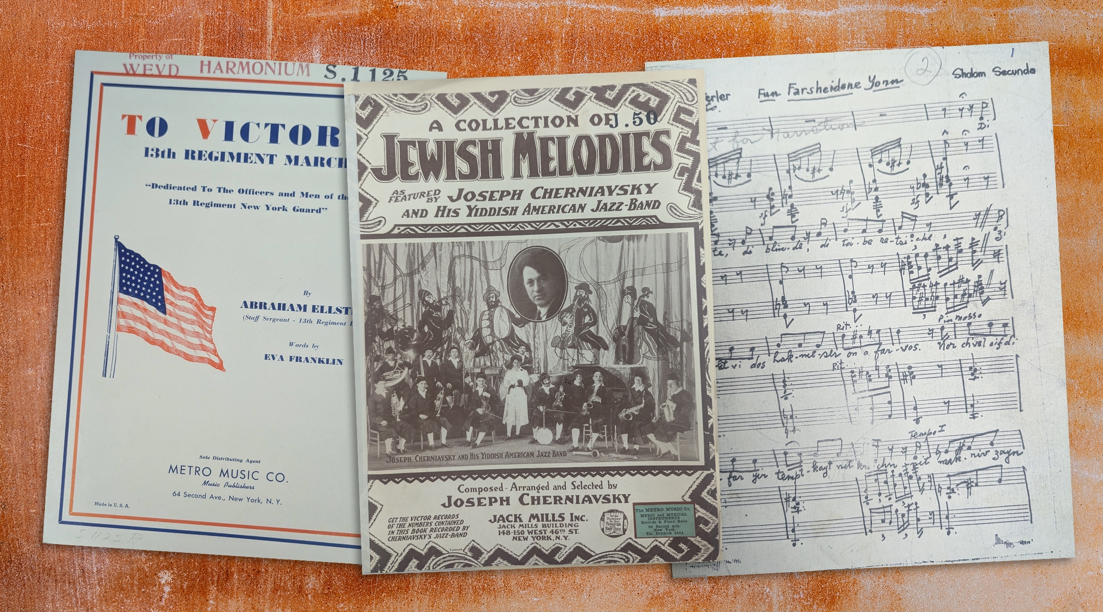 Treasures from The David and Ina Shiff WEVD Music Collection include the sheet music for a 1942 song titled “To Victory!” composed by Abraham Ellstein; an arrangement by Joseph Cherniavsky, known for blending jazz and klezmer; and original music composed by Sholem Secunda, a giant of Yiddish popular music. (NYPL Dorot Jewish Collection)