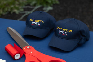 Baseball hats are embroidered with the phrase "Don't kvetch. Vote." at a Jewish Get Out The Vote center in Pennsylvania. 