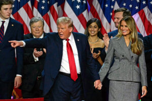 President-elect Donald Trump, with vice president-elect Sen. JD Vance and both their families, during an election night celebration in Florida.