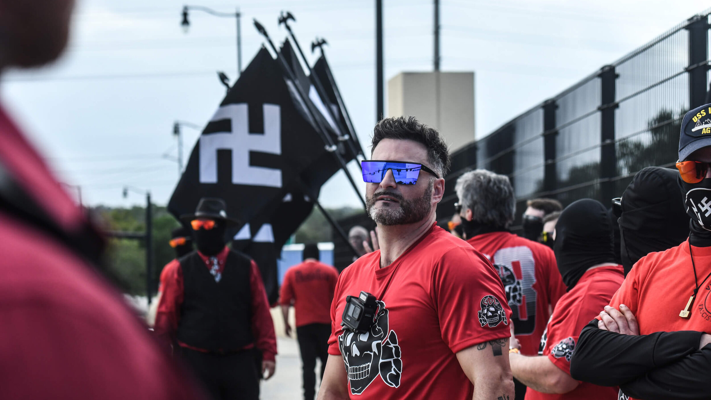 Joe Minadeo, leader of the antisemitic hate group Goyim Defense League, rallies with another neo-Nazi group, Blood Tribe on Sept. 2, 2023 in Orlando, Florida.  