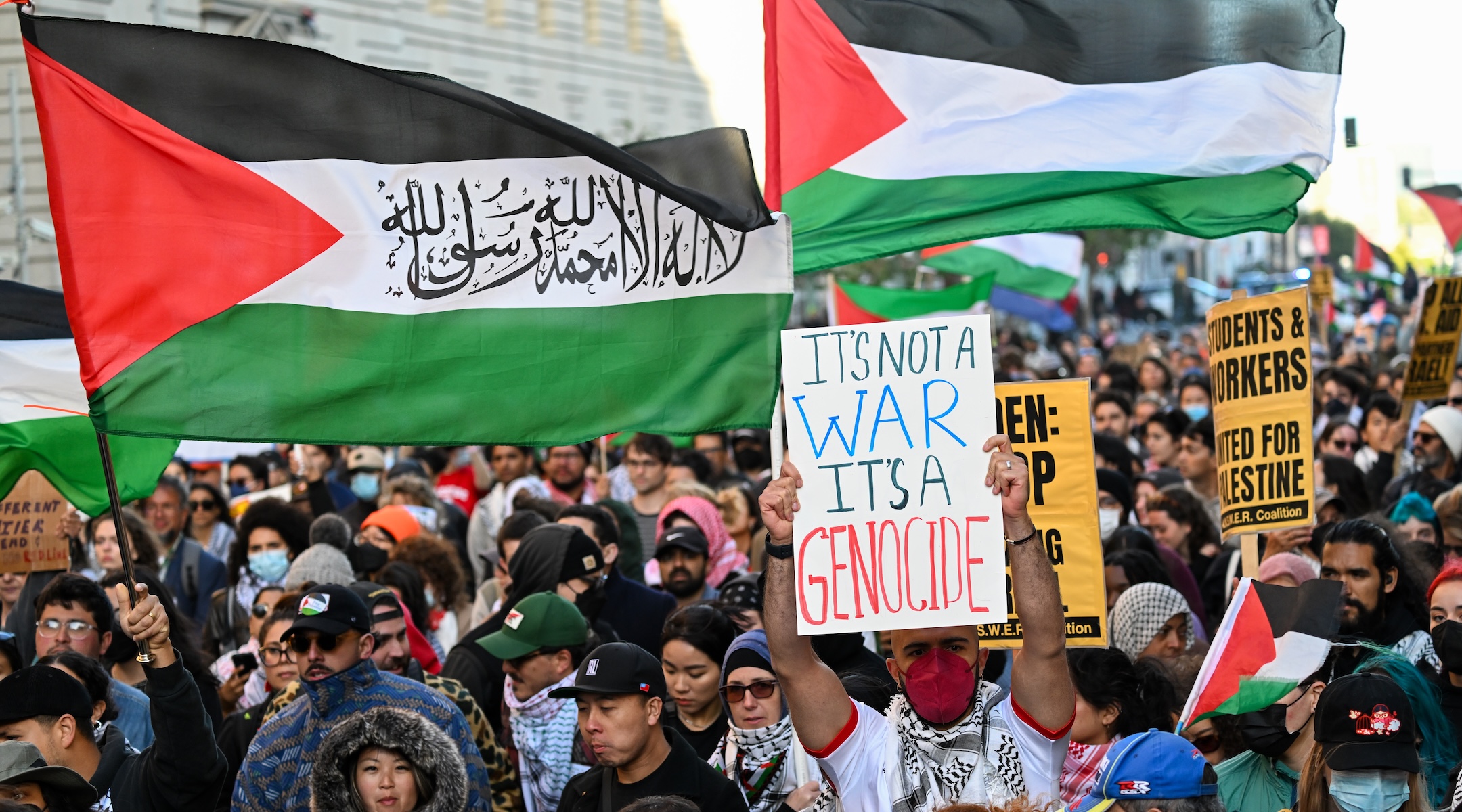 Hundreds of pro-Palestinian protesters are gathered to protest the Israeli offensives in Gaza outside the Federal Building in San Francisco, May 31, 2024. (Tayfun Coskun/Anadolu via Getty Images)