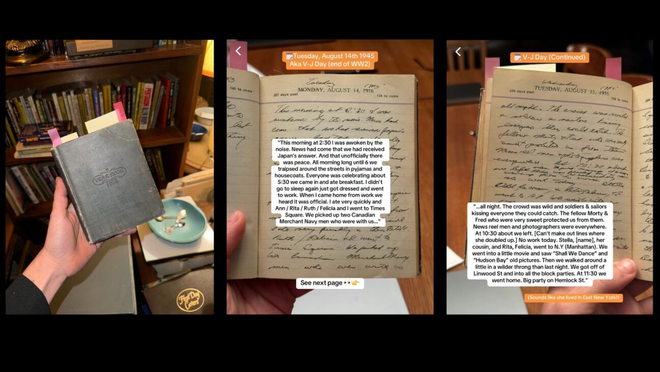 The repurposed 1916 diary used by Charlotte Buchsbaum to document her life and the end of World War II. (Left image courtesy of Helaina Ferraoili. Center, right images screenshots via TikTok)