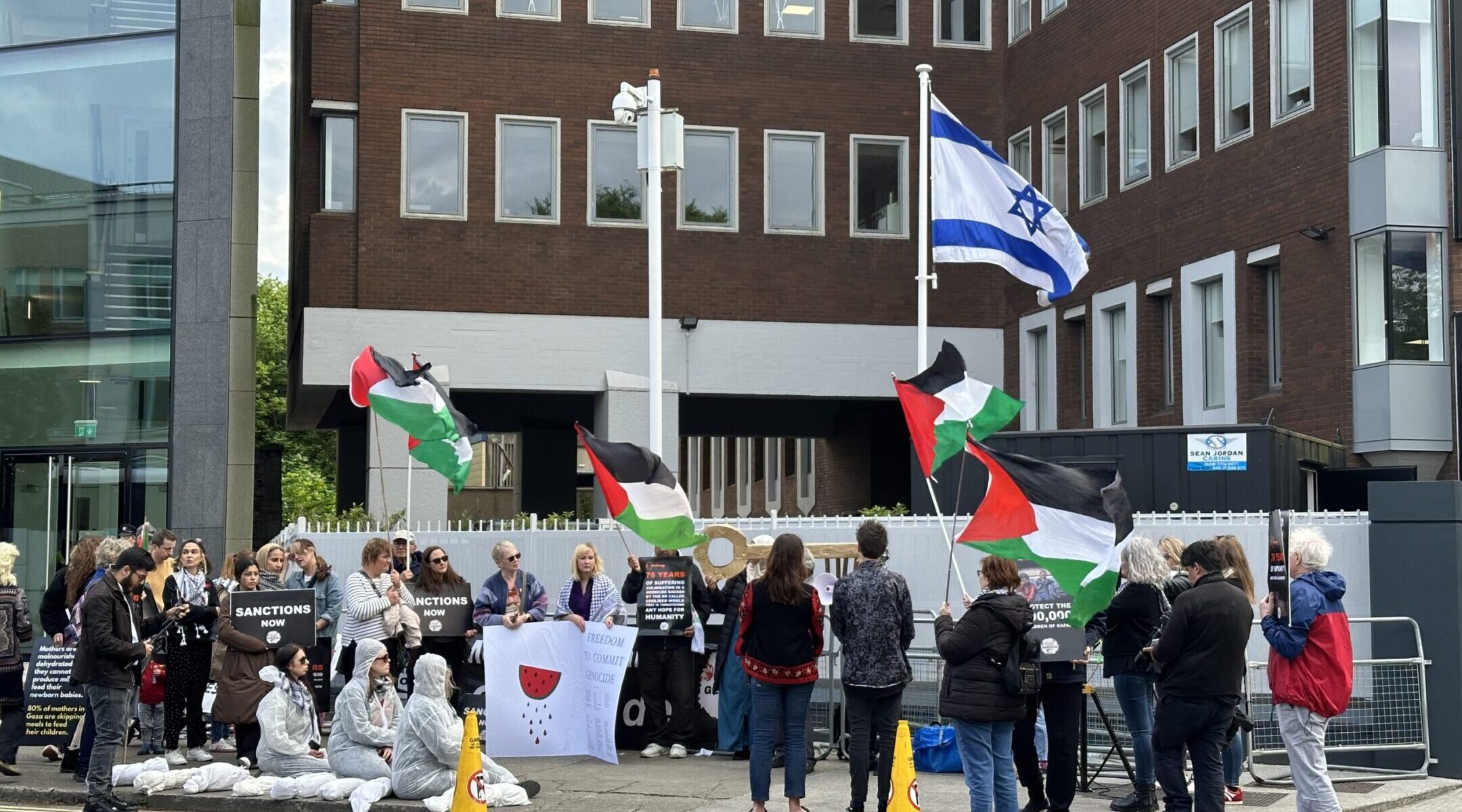 Protests gather in front of the Israeli Embassy to stage a protest against Israel’s war in Gaza in Dublin, Ireland, on May 14, 2024. (Stringer/Anadolu via Getty Images)