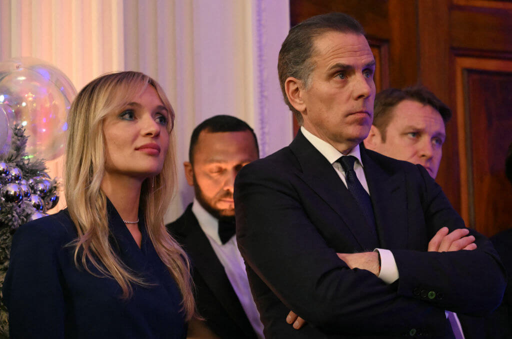 Melissa Cohen Biden, left, and her husband Hunter Biden at the 2024 Hanukkah holiday reception in the East Room of the White House.