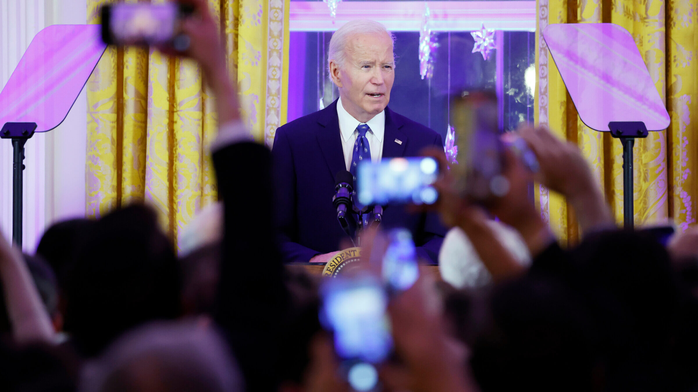 President Joe Biden speaks at the White House Hanukkah party on Dec. 16. While Biden prioritized the fight against antisemitism, his administration punted on some of the thorniest questions about the line between legitimate political speech and bigotry.