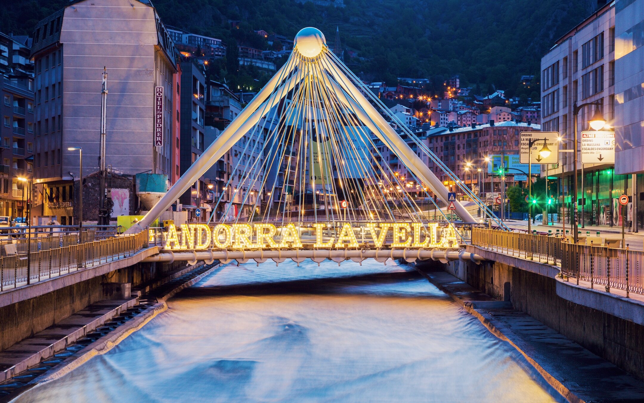 The Gran Valira river and Pont de Paris stand at the heart of the tourist hub of Andorra la Vella, Andorra. (Getty Images)