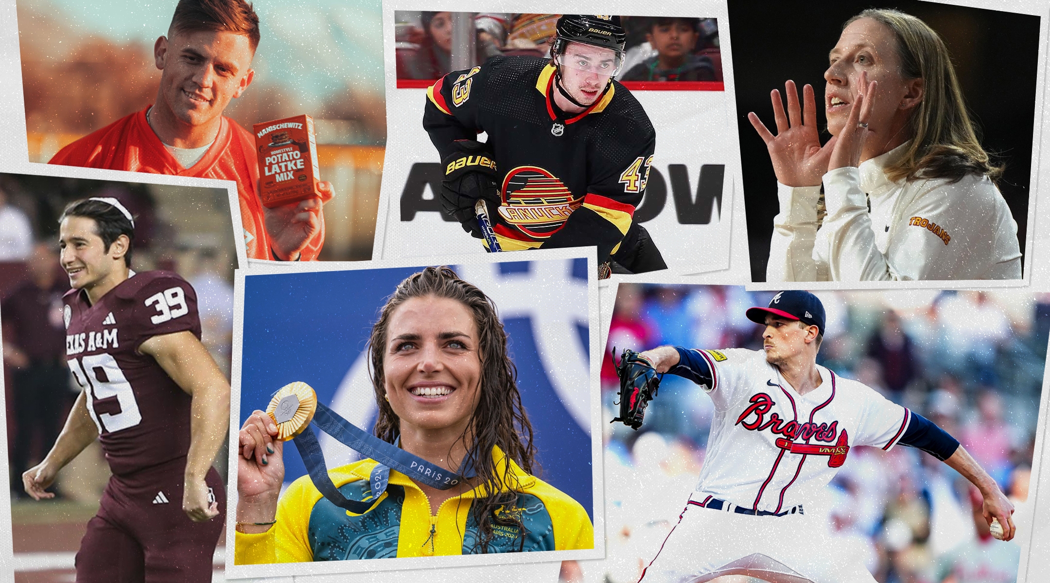 L-R, top row: Jake Retzlaff, Quinn Hughes and Lindsay Gottlieb. Bottom row: Sam Salz, Jessica Fox and Max Fried. (Getty Images; Design by Grace Yagel)