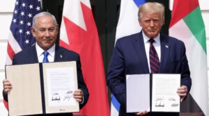 Israel Prime Minister Benjamin Netanyahu and U.S. President Donald Trump participate in the signing ceremony of the Abraham Accords on the South Lawn of the White House in Washington, D.C., Sept. 15, 2020. (Alex Wong/Getty Images)