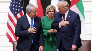 Prime Minister Benjamin Netanyahu, left, and President Donald Trump participate in the signing ceremony of the Abraham Accords on the South Lawn of the White House, Sept. 15, 2020. (Alex Wong/Getty Images)