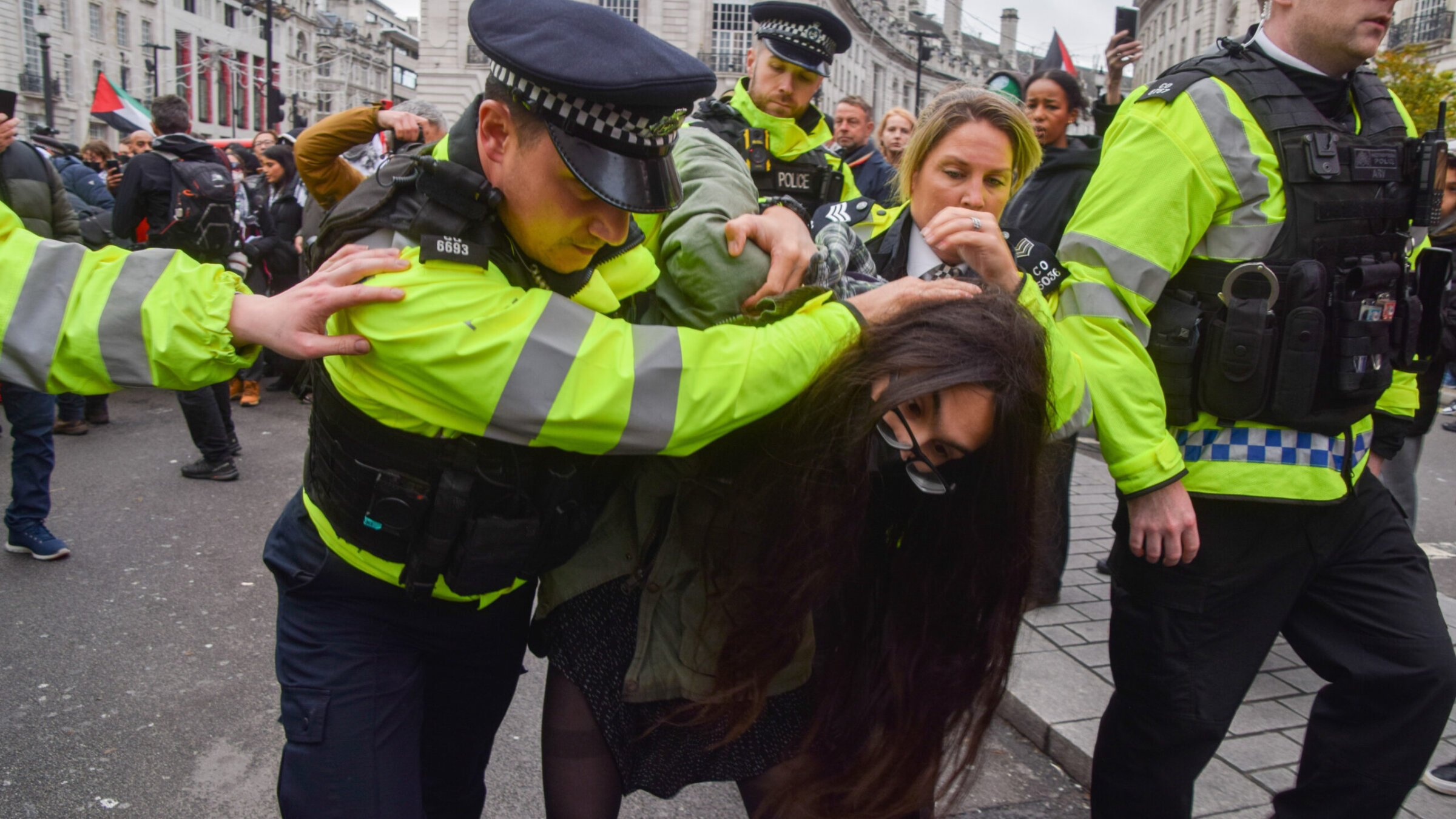 Police officers arrest a pro-Palestine protester during a November, 2023, demonstration in Piccadilly Circus in London. (Vuk Valcic/SOPA Images/LightRocket via Getty Images)