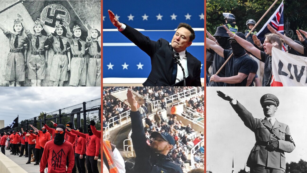 Clockwise from upper left: A dance troupe performs a musical revue titled “Heil Hitler” circa 1938; Elon Musk on Monday; Adolf Hitler; a fan at a British soccer match in 2021; neo-Nazis in Australia in 2023; members of Blood Tribe and Goyim Defense League in Florida in 2023.