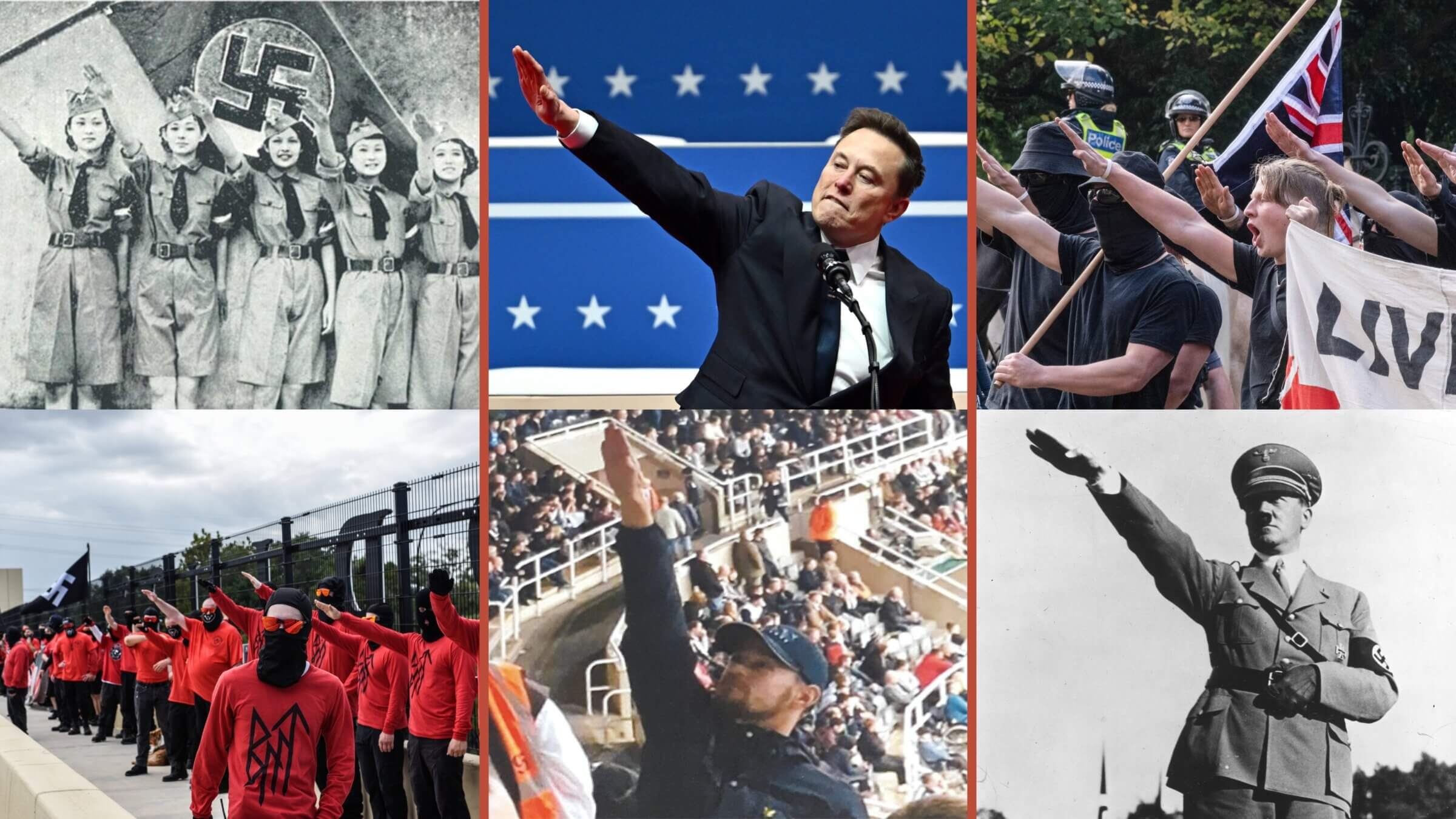 Clockwise from upper left: A dance troupe performs a musical revue titled “Heil Hitler” circa 1938; Elon Musk on Monday; Adolf Hitler; a fan at a British soccer match in 2021; neo-Nazis in Australia in 2023; members of Blood Tribe and Goyim Defense League in Florida in 2023.