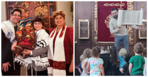 Rabbi Alex Weisz has spent his life at the Pasadena Jewish Temple and Center. At left, his bar mitzvah and, at right, he leads a Shabbat assembly for the B’nai Simcha Community Preschool.