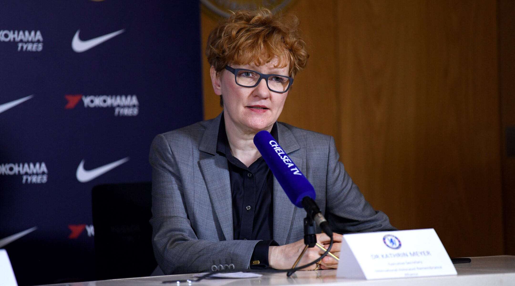 International Holocaust Remembrance Alliance Executive Secretary Kathrin Meyer appears at a press conference to sign a declaration formally adopting the IHRA working definition of antisemitism at Chelsea Training Ground in Cobham, England, Jan. 17, 2020. (Photo by Darren Walsh/Chelsea FC via Getty Images)