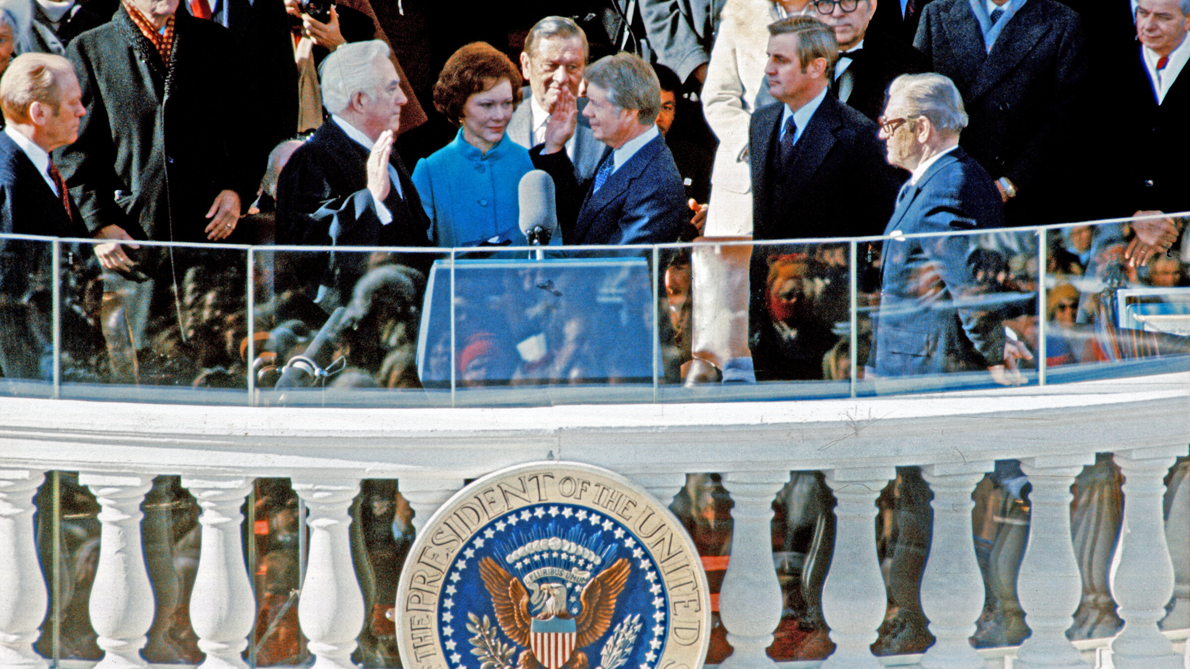 US President Jimmy Carter takes the Oath of Office by the US Capitol on Inauguration Day, January 20, 1977