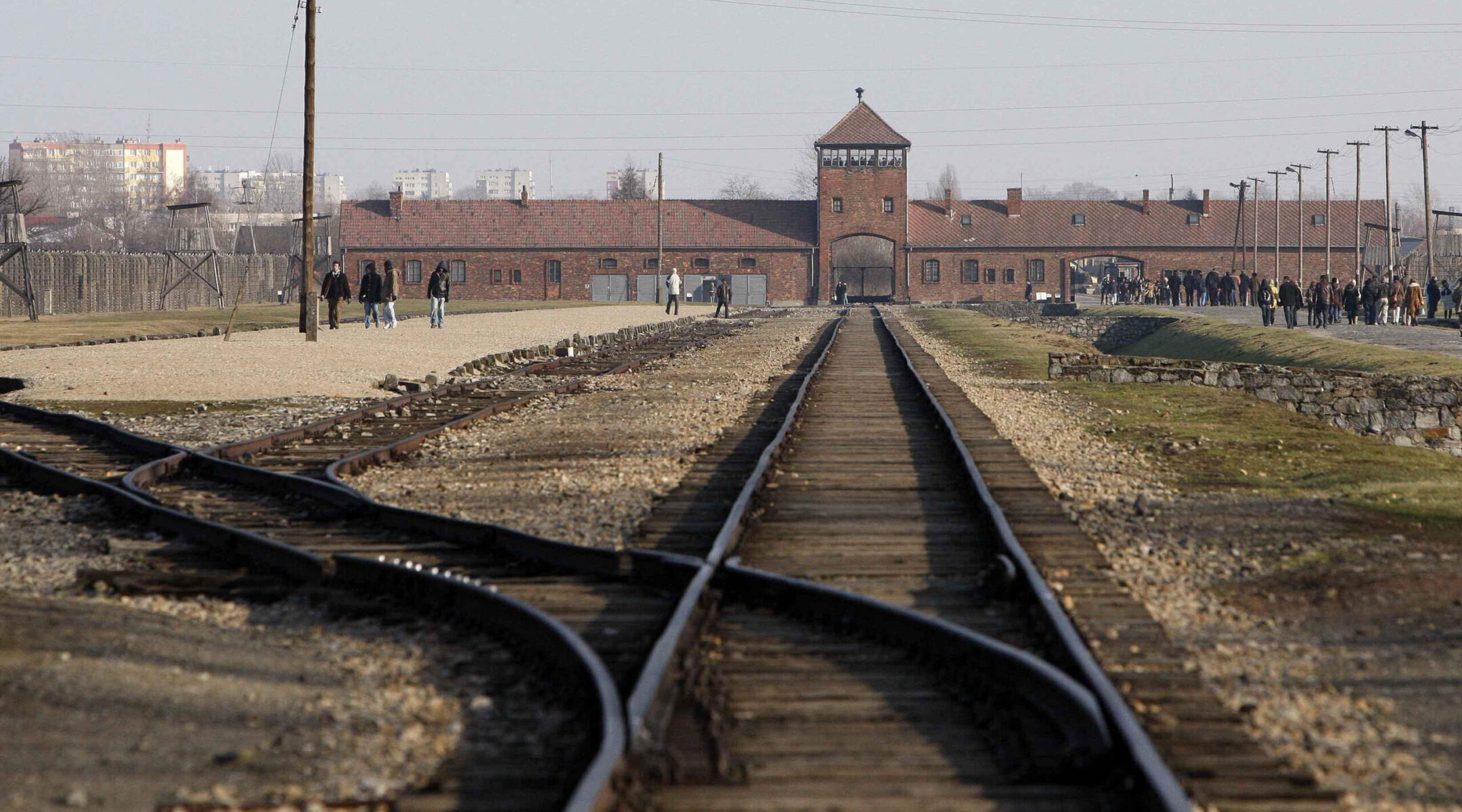 The train tracks at Birkenau, where trains from countries across Europe delivered Jews to Auschwitz and the Nazis during the Holocaust. (Dave Thompson – PA Images/PA Images via Getty Images)