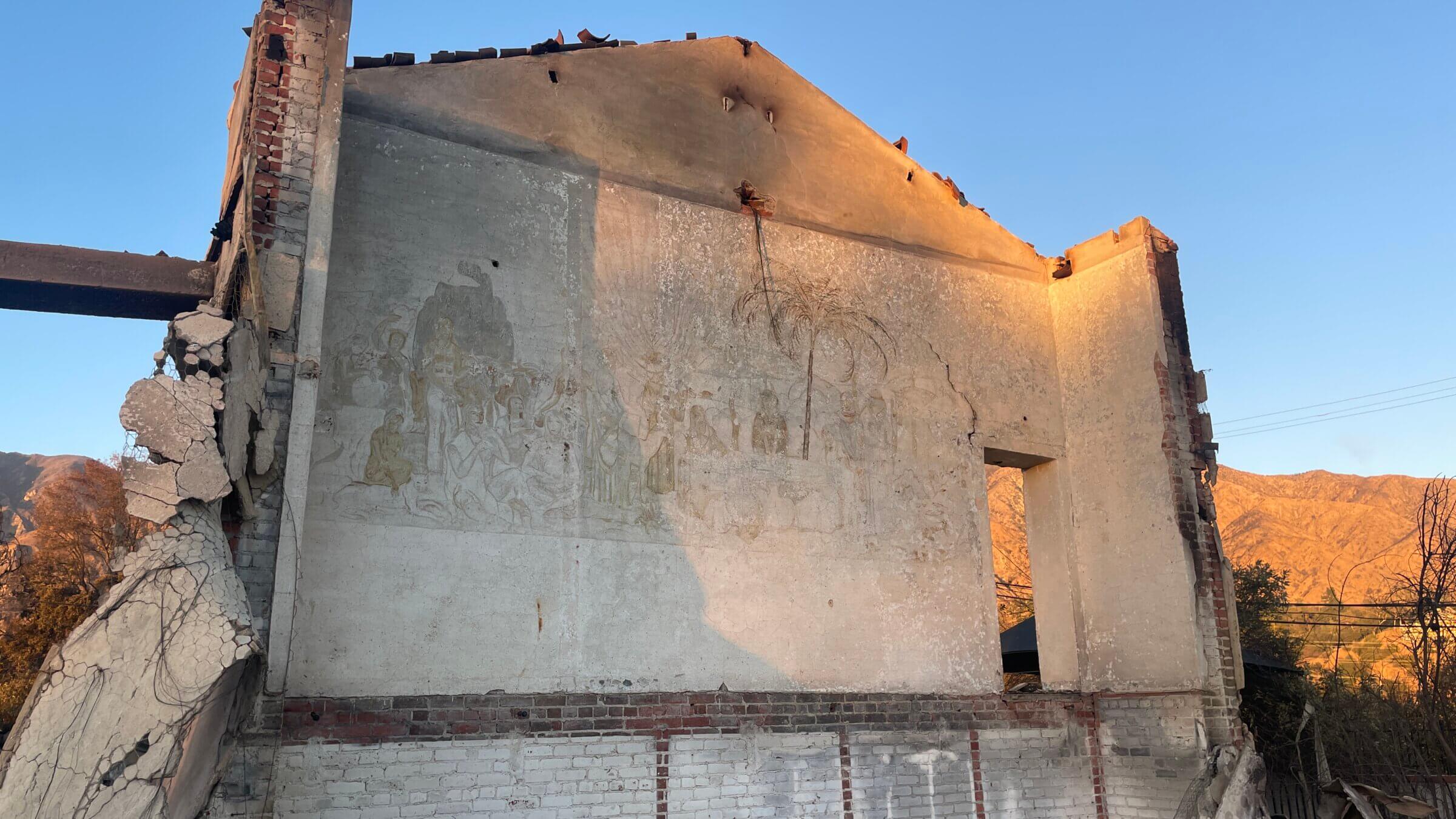 The mural was concealed by sheetrock, and later bookshelves, in a building being used as preschool offices.