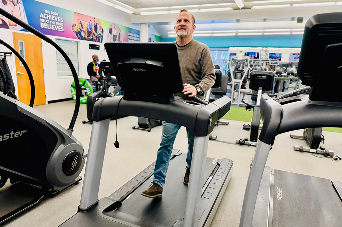 Barak Hermann, the incoming president and CEO of the JCCs of North America, on a treadmill at a JCC in Baltimore.