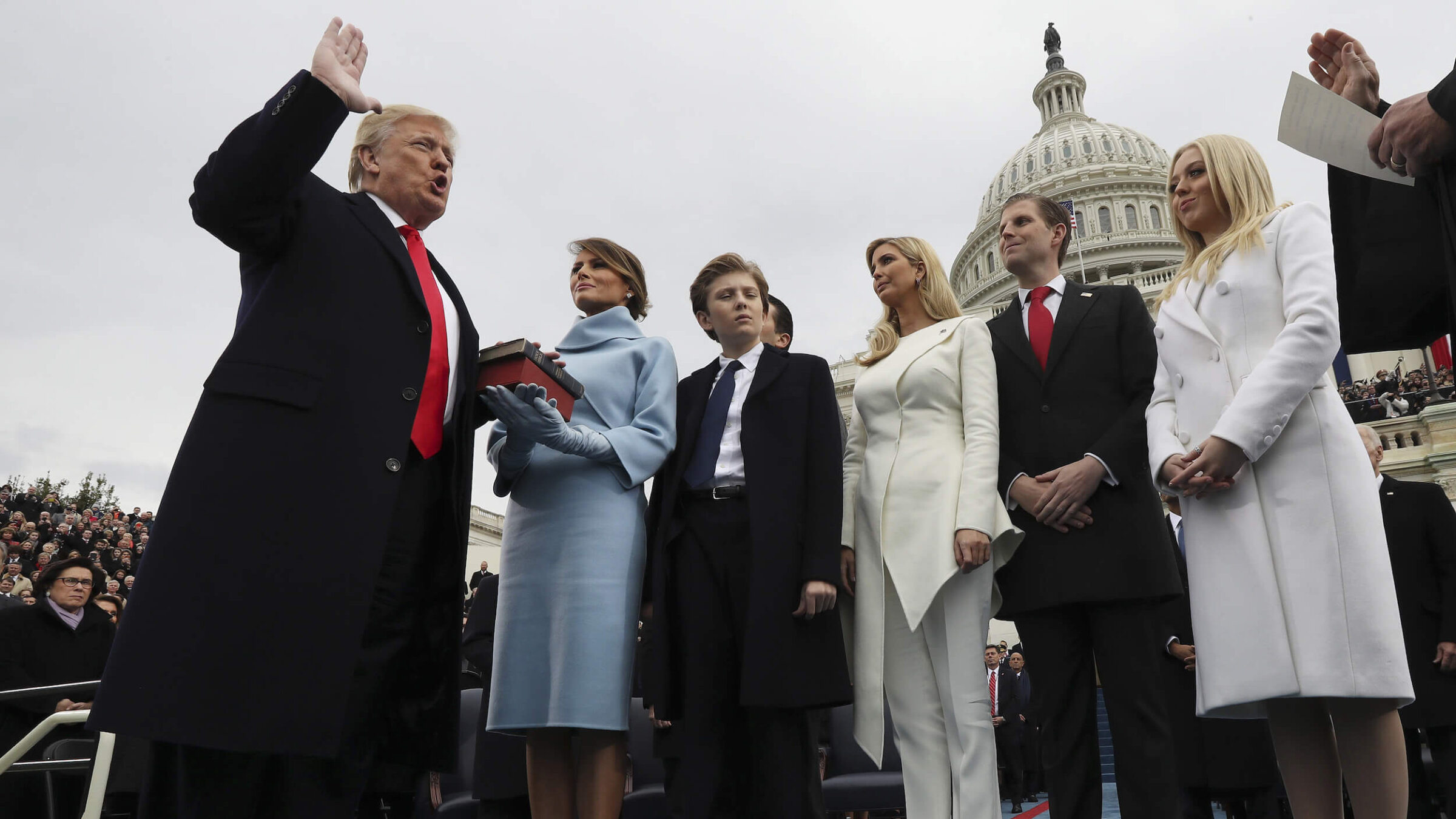 President-elect Donald Trump, left, takes the oath of office at his first inauguration, in 2017. 