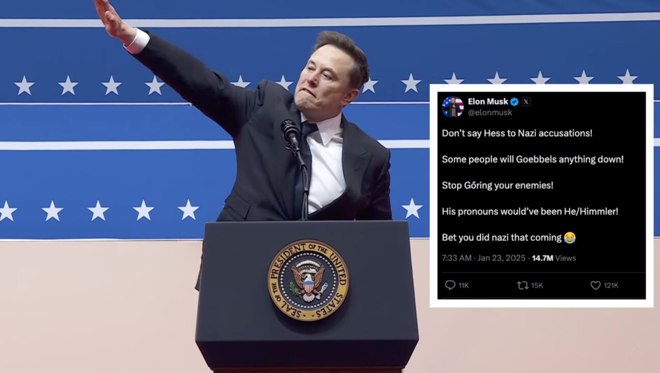 Elon Musk delivers a salute at a Trump immigration rally. Inset: Musk’s Holocaust joke post. (Screenshot)