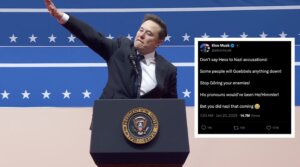 Elon Musk delivers a salute at a Trump immigration rally. Inset: Musk’s Holocaust joke post. (Screenshot)