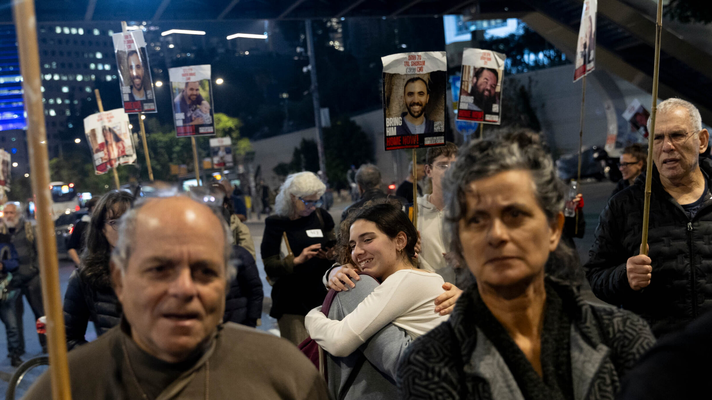 Tel Aviv protesters calling for the return of hostages react after a Gaza ceasefire and hostage release deal was reached on Jan. 15.