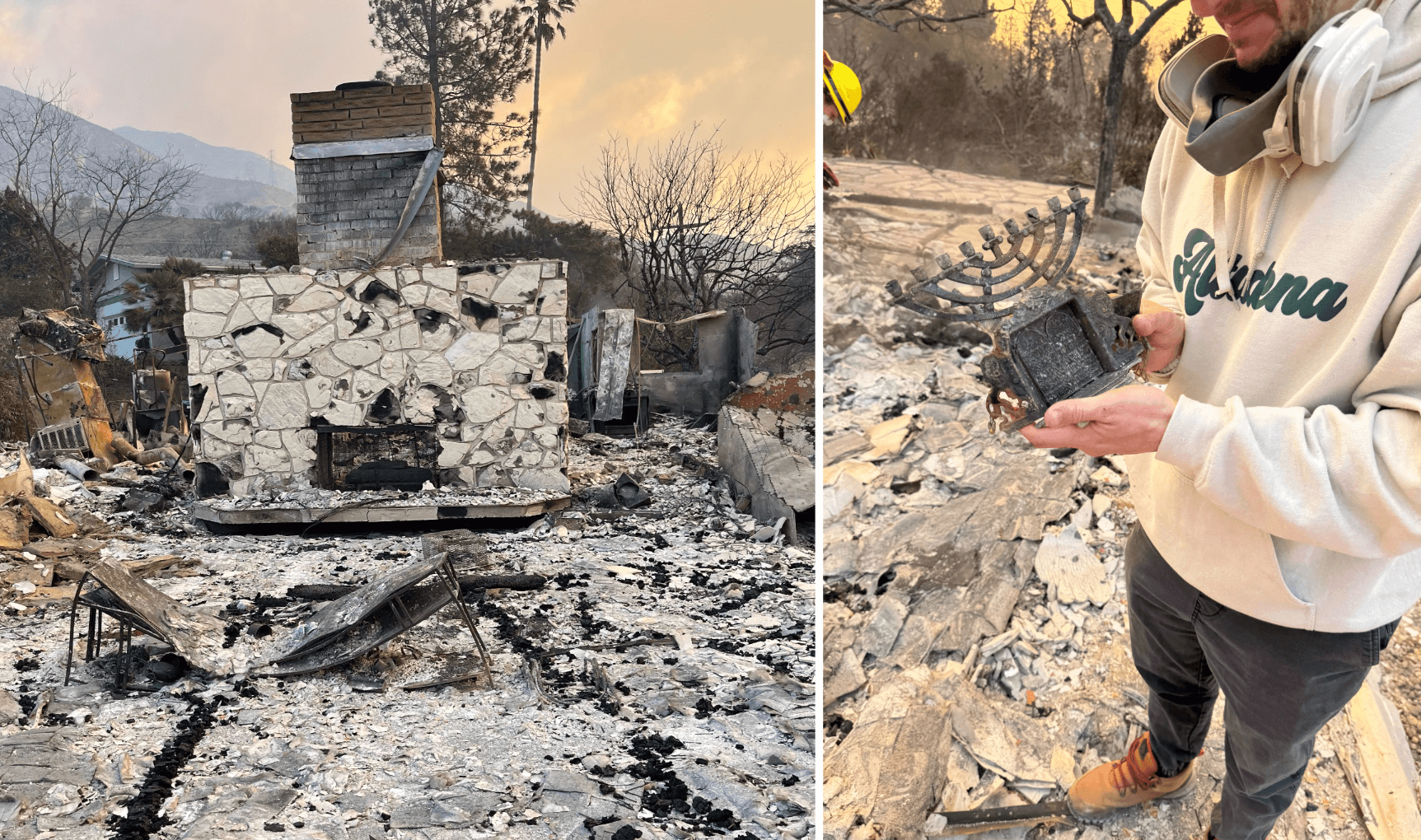 At left, the remnants of the Kotler home in Pasadena. At right, Josh Kotler holds his grandmother's menorah, which was found in the rubble.