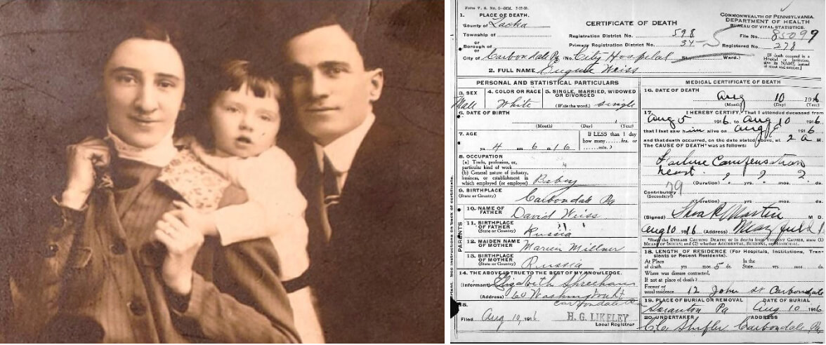 The author's grandparents with their first child, Eugene. Despite claims that he died after being crushed by a mirror, his death certificate reveals that he died of heart failure.