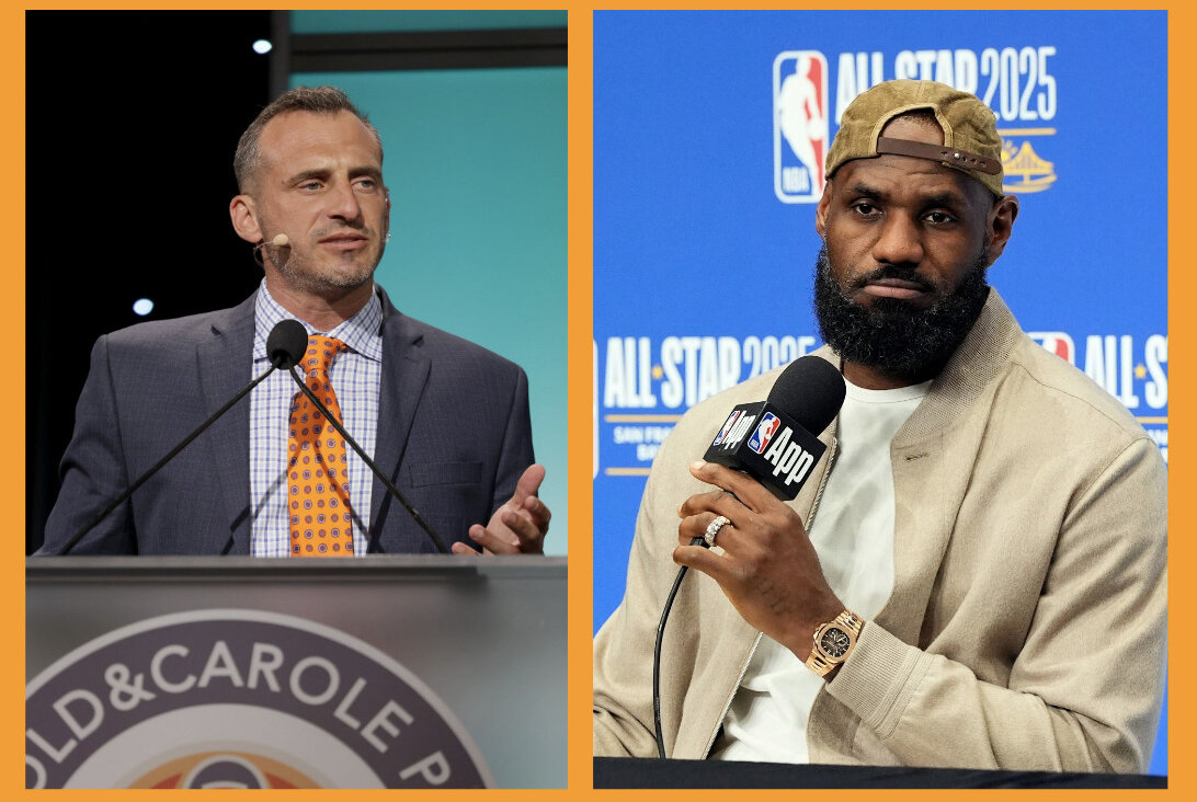 University of Wisconsin head coach Doug Gottlieb (L) and LeBron James, NBA's all-time scoring leader and reigning sports dad.