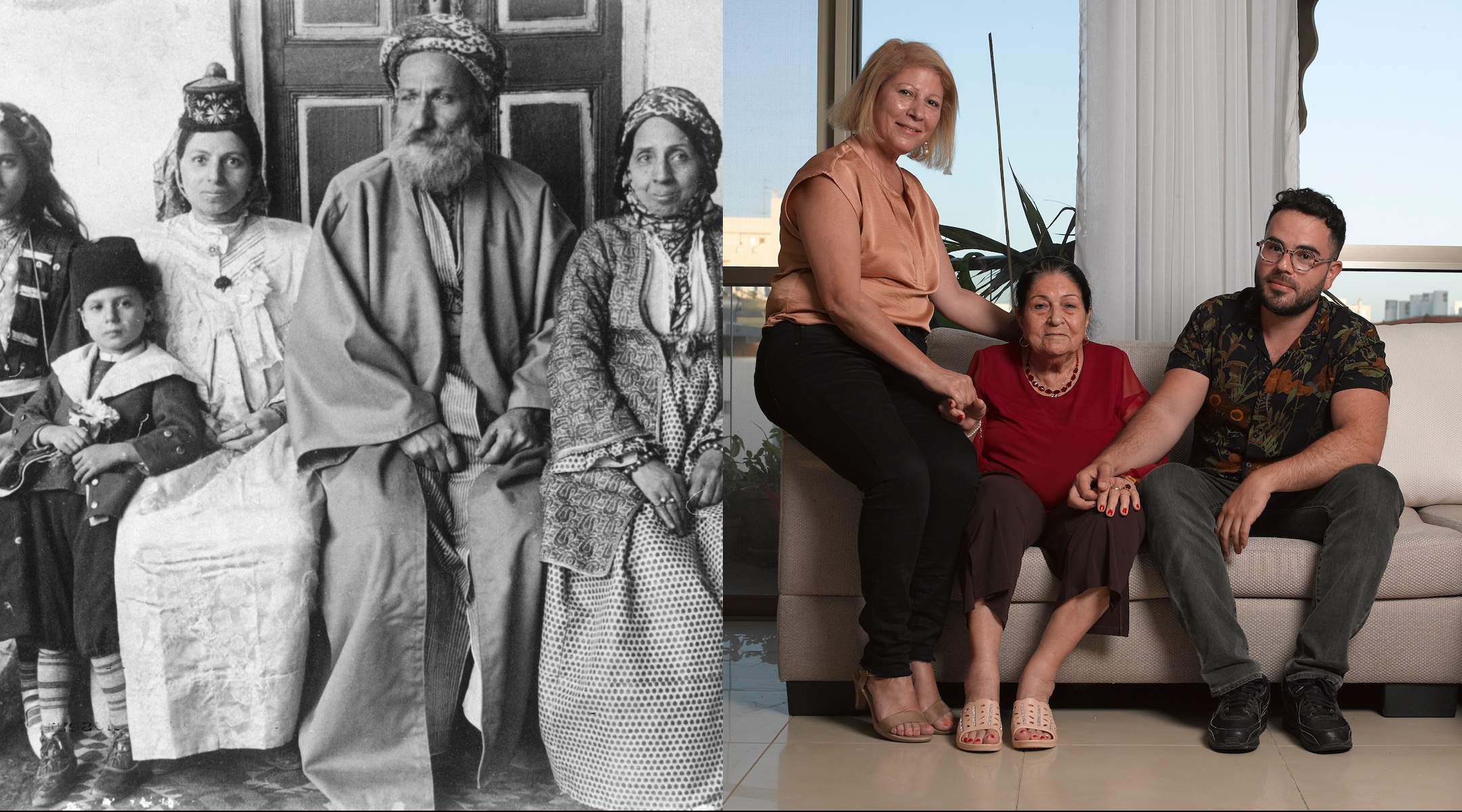 At left, an Iraqi Jewish family in Baghdad in 1910 (Jewish Chronicle/Heritage Images/Getty Images). At right: Hen Mazzig in Israel with his mother, Cami, and his grandmother Hela, a Jewish refugee from Iraq who was forced to leave her home in Baghdad in 1951. (Reli Abrahami).