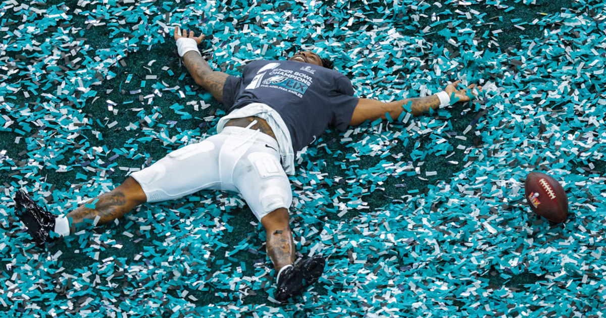 C.J. Gardner-Johnson of the Philadelphia Eagles celebrates in confetti after beating the Kansas City Chiefs, 40-22, to win the 2025 Super Bowl.